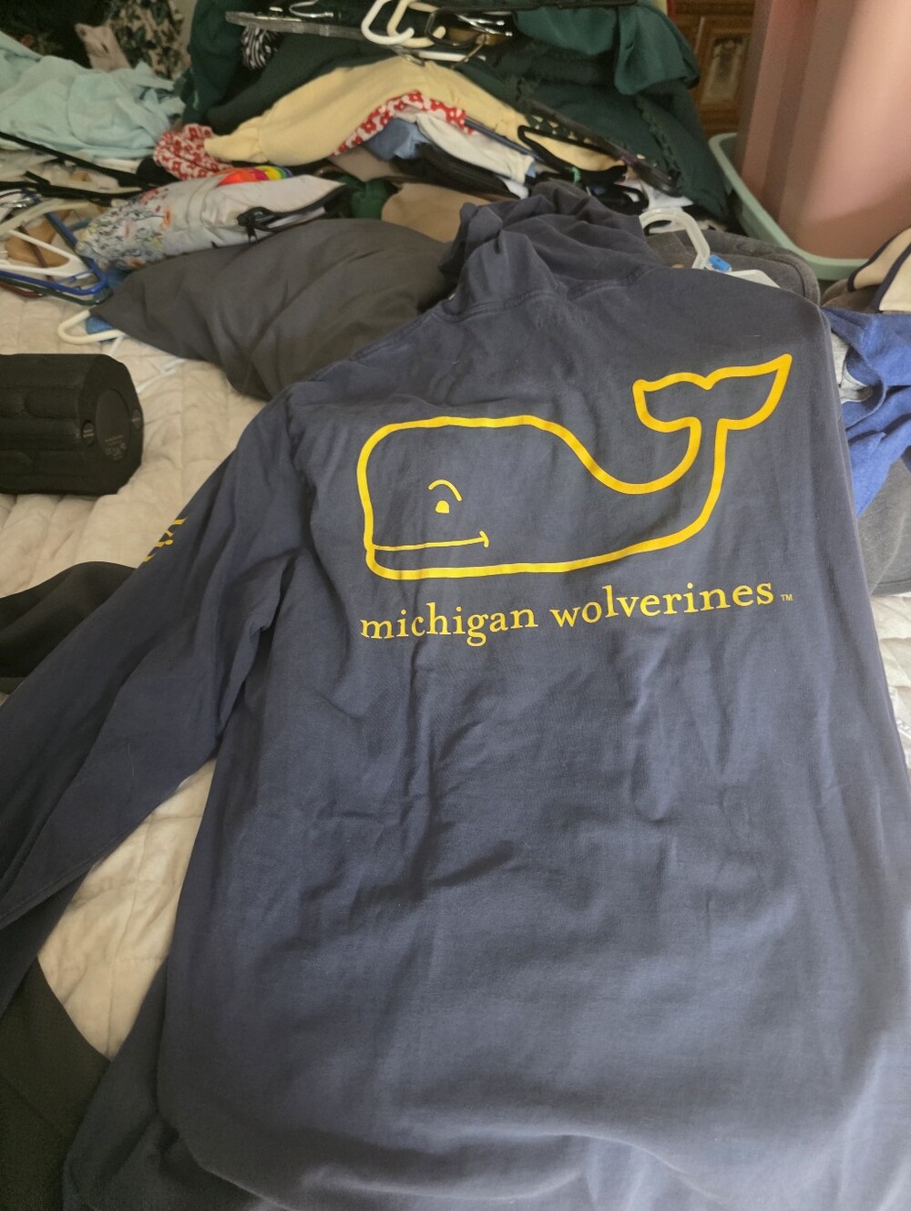 Vineyard Vines Navy Long Sleeve with Yellow Michigan Wolverines Whale